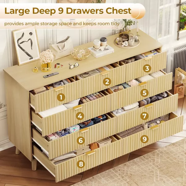 VIAGDO 7 Drawer Dresser for Bedroom with Fluted Panel 472 Wide Mid Century Modern Fluted Dresser Chest of Drawers with Gold Metal Handles Black Organizer Storage Cabinet for Closet EntrywayNatural Oak