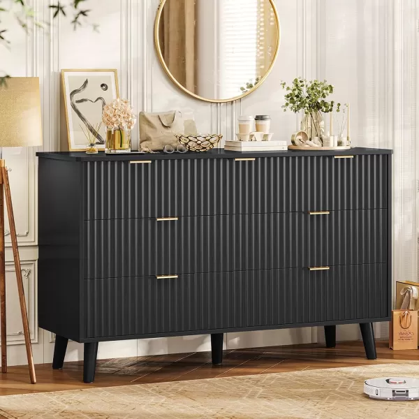 VIAGDO 7 Drawer Dresser for Bedroom with Fluted Panel 472 Wide Mid Century Modern Fluted Dresser Chest of Drawers with Gold Metal Handles Black Organizer Storage Cabinet for Closet EntrywayBlack