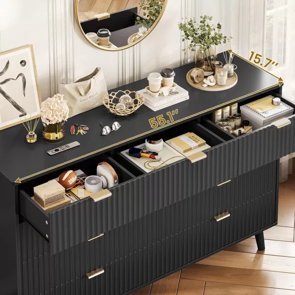 VIAGDO 7 Drawer Dresser for Bedroom with Fluted Panel 472 Wide Mid Century Modern Fluted Dresser Chest of Drawers with Gold Metal Handles Black Organizer Storage Cabinet for Closet EntrywayBlack