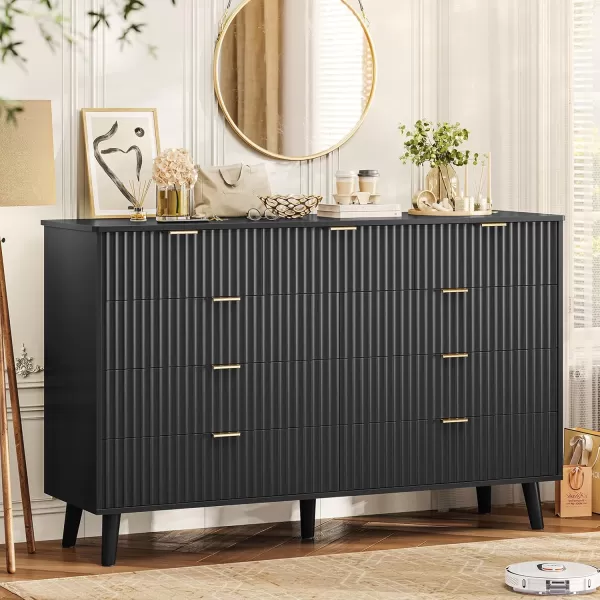 VIAGDO 7 Drawer Dresser for Bedroom with Fluted Panel 472 Wide Mid Century Modern Fluted Dresser Chest of Drawers with Gold Metal Handles Black Organizer Storage Cabinet for Closet EntrywayBlack
