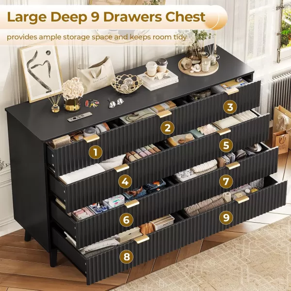VIAGDO 7 Drawer Dresser for Bedroom with Fluted Panel 472 Wide Mid Century Modern Fluted Dresser Chest of Drawers with Gold Metal Handles Black Organizer Storage Cabinet for Closet EntrywayBlack