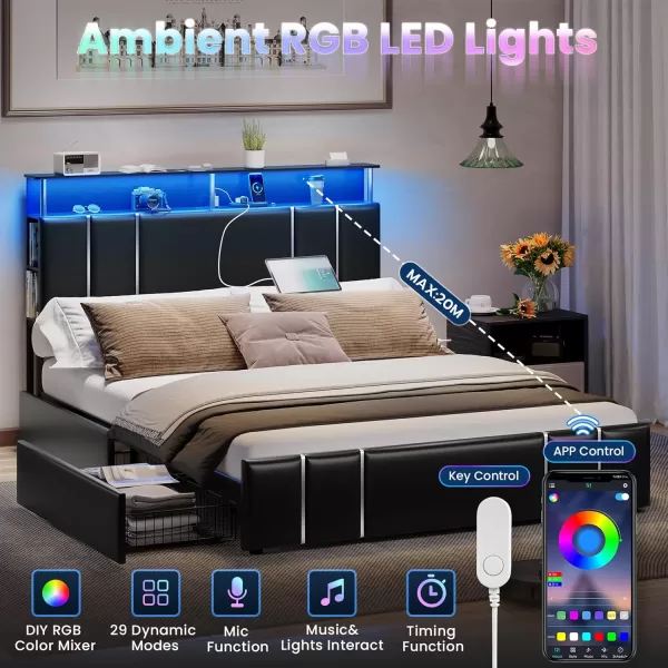 VIAGDO Bed Frame Full Size with Bookcase Headboard and 4 Storage Drawers Leather Upholstered Full Bed Frame with Charging Station and LED Lights Silver Iron Decor No Box Spring Needed BlackFull