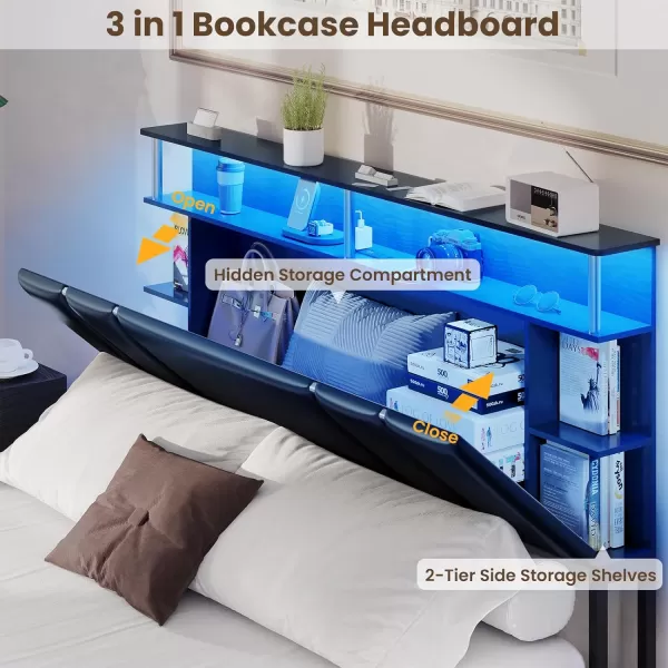 VIAGDO Bed Frame Full Size with Bookcase Headboard and 4 Storage Drawers Leather Upholstered Full Bed Frame with Charging Station and LED Lights Silver Iron Decor No Box Spring Needed BlackQueen