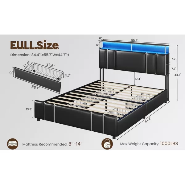 VIAGDO Bed Frame Full Size with Bookcase Headboard and 4 Storage Drawers Leather Upholstered Full Bed Frame with Charging Station and LED Lights Silver Iron Decor No Box Spring Needed BlackFull