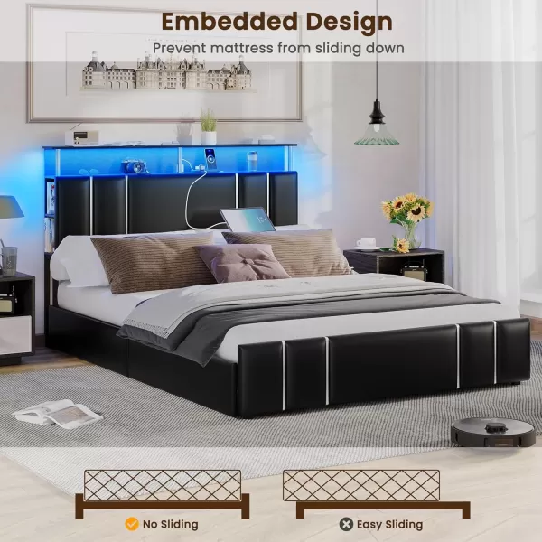 VIAGDO Bed Frame Full Size with Bookcase Headboard and 4 Storage Drawers Leather Upholstered Full Bed Frame with Charging Station and LED Lights Silver Iron Decor No Box Spring Needed BlackFull