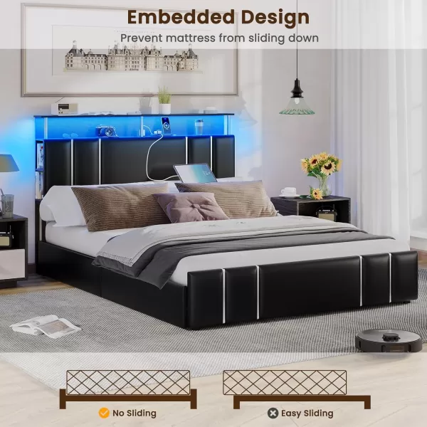 VIAGDO Bed Frame Full Size with Bookcase Headboard and 4 Storage Drawers Leather Upholstered Full Bed Frame with Charging Station and LED Lights Silver Iron Decor No Box Spring Needed BlackQueen