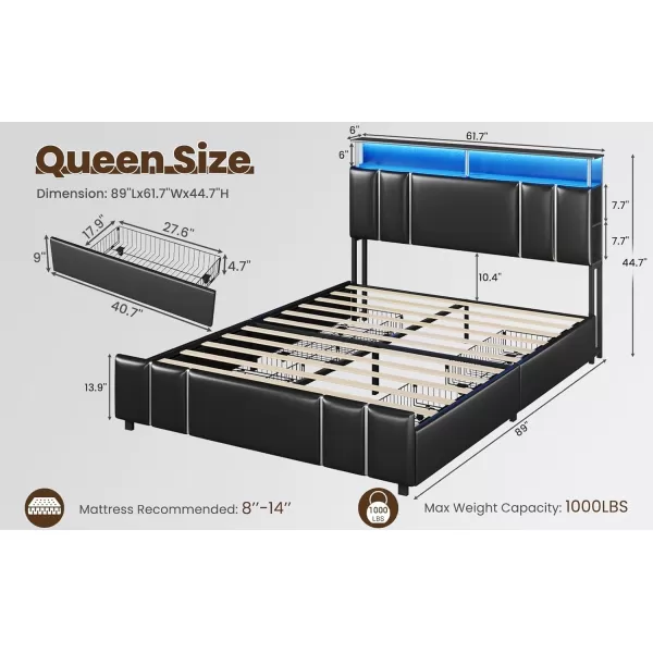 VIAGDO Bed Frame Full Size with Bookcase Headboard and 4 Storage Drawers Leather Upholstered Full Bed Frame with Charging Station and LED Lights Silver Iron Decor No Box Spring Needed BlackQueen