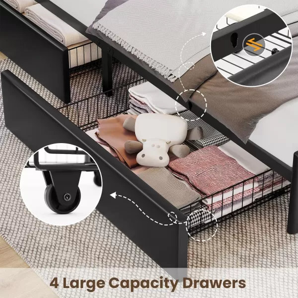VIAGDO Bed Frame Full Size with Bookcase Headboard and 4 Storage Drawers Leather Upholstered Full Bed Frame with Charging Station and LED Lights Silver Iron Decor No Box Spring Needed BlackFull