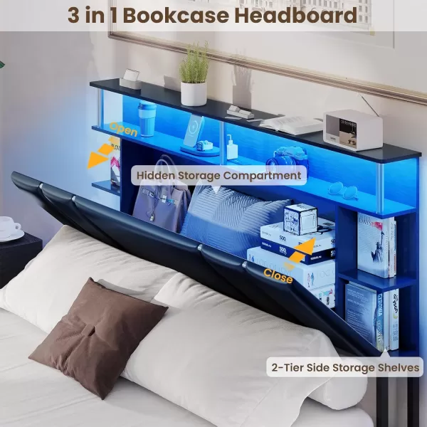 VIAGDO Bed Frame Full Size with Bookcase Headboard and 4 Storage Drawers Leather Upholstered Full Bed Frame with Charging Station and LED Lights Silver Iron Decor No Box Spring Needed BlackFull