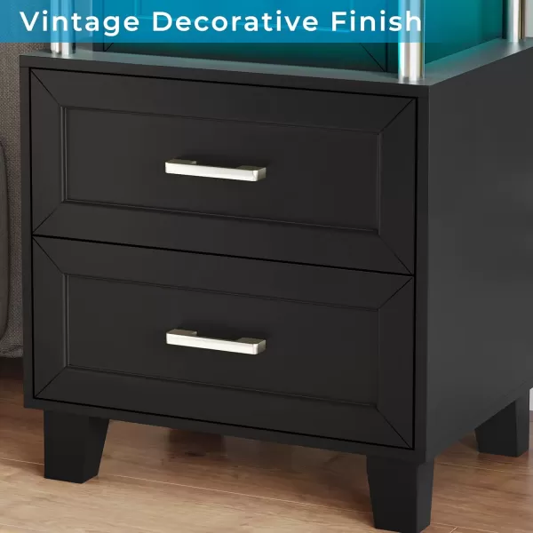 VIAGDO Black Nightstand Set of 2 LED Night Stand Set 2 with Charging Station Modern Nightstand with 3 Drawers Vintage Bedside Tables End Side Table with Storage for Bedroom OfficeBlack