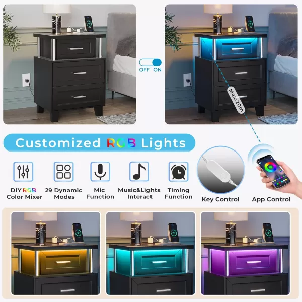 VIAGDO Black Nightstand Set of 2 LED Night Stand Set 2 with Charging Station Modern Nightstand with 3 Drawers Vintage Bedside Tables End Side Table with Storage for Bedroom OfficeBlack