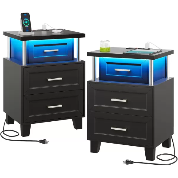 VIAGDO Black Nightstand Set of 2 LED Night Stand Set 2 with Charging Station Modern Nightstand with 3 Drawers Vintage Bedside Tables End Side Table with Storage for Bedroom OfficeBlack