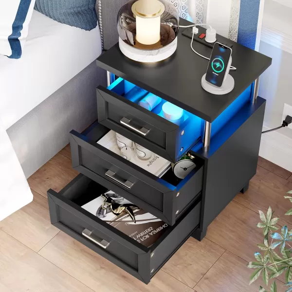 VIAGDO Black Nightstand Set of 2 LED Night Stand Set 2 with Charging Station Modern Nightstand with 3 Drawers Vintage Bedside Tables End Side Table with Storage for Bedroom OfficeBlack