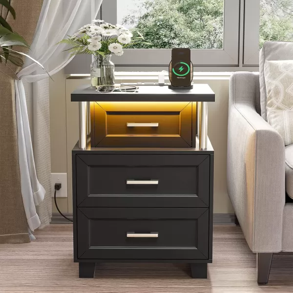VIAGDO Black Nightstand Set of 2 LED Night Stand Set 2 with Charging Station Modern Nightstand with 3 Drawers Vintage Bedside Tables End Side Table with Storage for Bedroom OfficeBlack