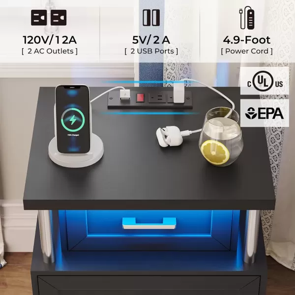 VIAGDO Black Nightstand Set of 2 LED Night Stand Set 2 with Charging Station Modern Nightstand with 3 Drawers Vintage Bedside Tables End Side Table with Storage for Bedroom OfficeBlack