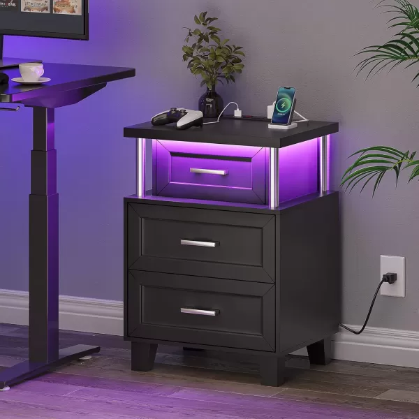 VIAGDO Black Nightstand Set of 2 LED Night Stand Set 2 with Charging Station Modern Nightstand with 3 Drawers Vintage Bedside Tables End Side Table with Storage for Bedroom OfficeBlack