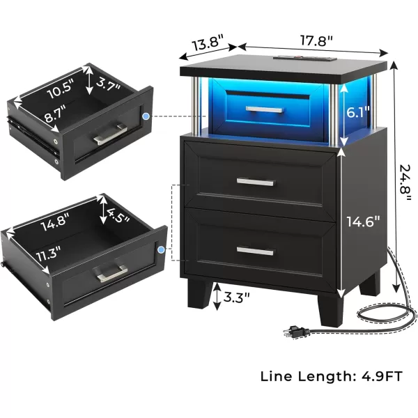 VIAGDO Black Nightstand Set of 2 LED Night Stand Set 2 with Charging Station Modern Nightstand with 3 Drawers Vintage Bedside Tables End Side Table with Storage for Bedroom OfficeBlack