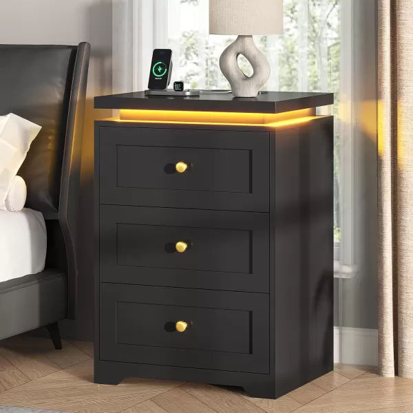 VIAGDO Black Nightstand with Charging Station Charging Nightstand with 3 Storage Drawers Modern LED Nightstand with Lights Large Bedside Table with USB Ports and Outlets for Bedroom DormBlack