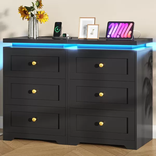 VIAGDO Black Nightstand with Charging Station Charging Nightstand with 3 Storage Drawers Modern LED Nightstand with Lights Large Bedside Table with USB Ports and Outlets for Bedroom DormBlack