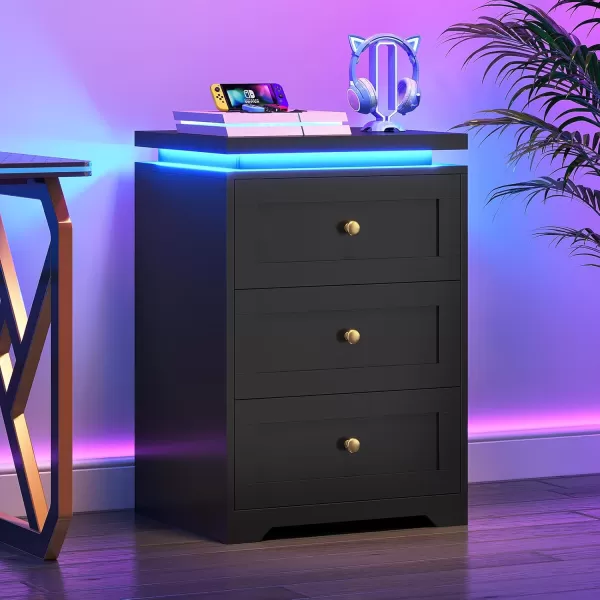 VIAGDO Black Nightstand with Charging Station Charging Nightstand with 3 Storage Drawers Modern LED Nightstand with Lights Large Bedside Table with USB Ports and Outlets for Bedroom DormBlack