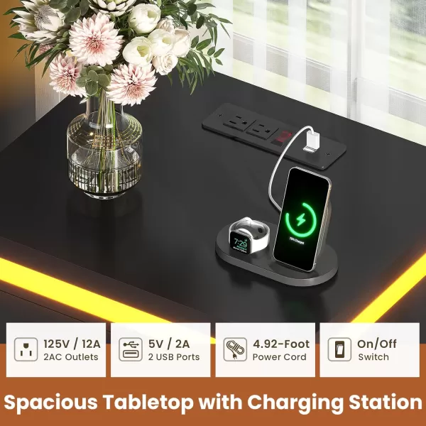 VIAGDO Black Nightstand with Charging Station Charging Nightstand with 3 Storage Drawers Modern LED Nightstand with Lights Large Bedside Table with USB Ports and Outlets for Bedroom DormBlack