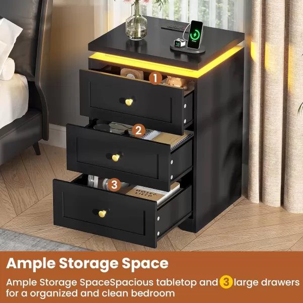 VIAGDO Black Nightstand with Charging Station Charging Nightstand with 3 Storage Drawers Modern LED Nightstand with Lights Large Bedside Table with USB Ports and Outlets for Bedroom DormBlack