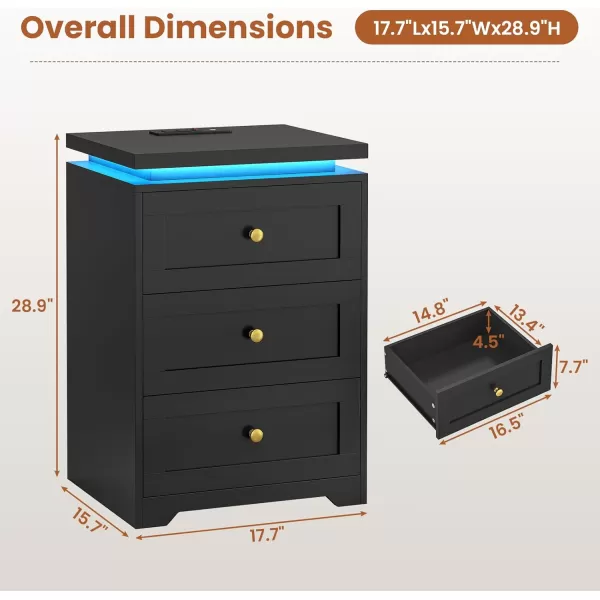 VIAGDO Black Nightstand with Charging Station Charging Nightstand with 3 Storage Drawers Modern LED Nightstand with Lights Large Bedside Table with USB Ports and Outlets for Bedroom DormBlack