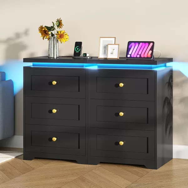 VIAGDO Black Nightstand with Charging Station Charging Nightstand with 3 Storage Drawers Modern LED Nightstand with Lights Large Bedside Table with USB Ports and Outlets for Bedroom DormBlack