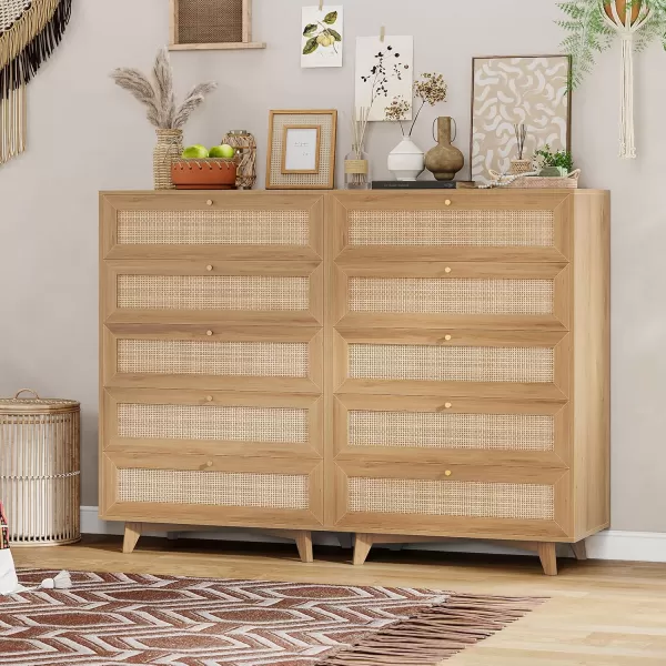 VIAGDO Black Rattan Dresser for Bedroom 6 Drawer Dresser with Natural Rattan Drawers Wooden Wide Dresser with Gold Handles Modern Closet Dressers Chest of Drawers for Nursery Entryway Living RoomNatural