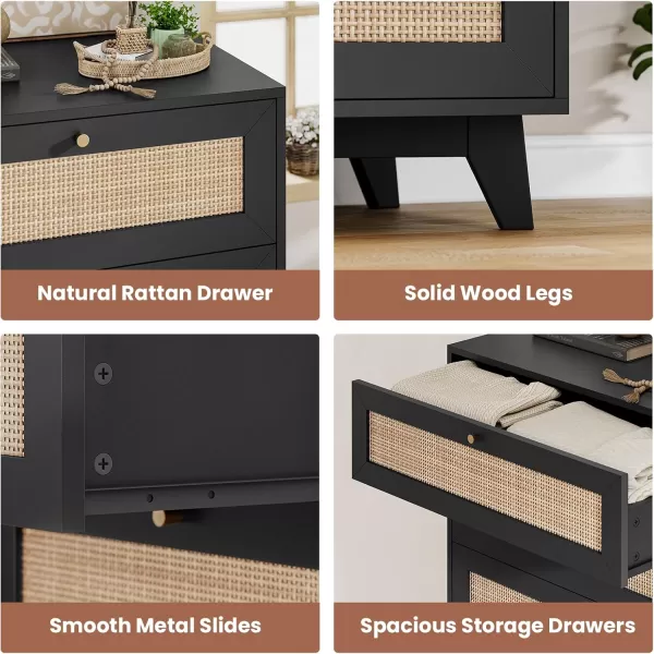 VIAGDO Black Rattan Dresser for Bedroom 6 Drawer Dresser with Natural Rattan Drawers Wooden Wide Dresser with Gold Handles Modern Closet Dressers Chest of Drawers for Nursery Entryway Living RoomBlack