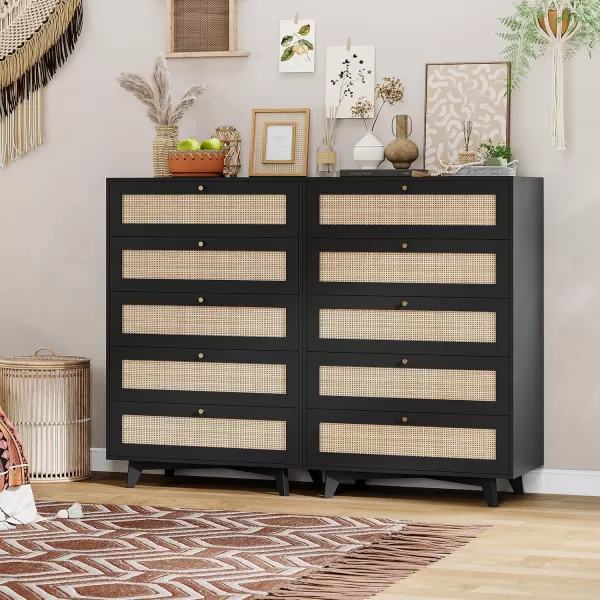 VIAGDO Black Rattan Dresser for Bedroom 6 Drawer Dresser with Natural Rattan Drawers Wooden Wide Dresser with Gold Handles Modern Closet Dressers Chest of Drawers for Nursery Entryway Living RoomBlack