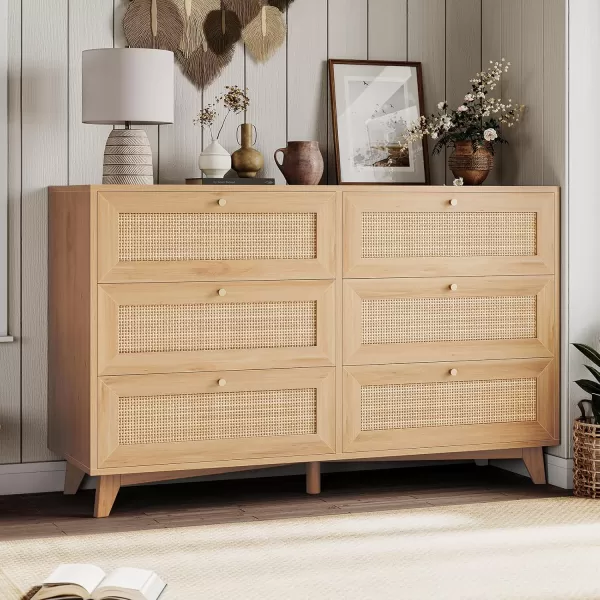 VIAGDO Black Rattan Dresser for Bedroom 6 Drawer Dresser with Natural Rattan Drawers Wooden Wide Dresser with Gold Handles Modern Closet Dressers Chest of Drawers for Nursery Entryway Living RoomNatural