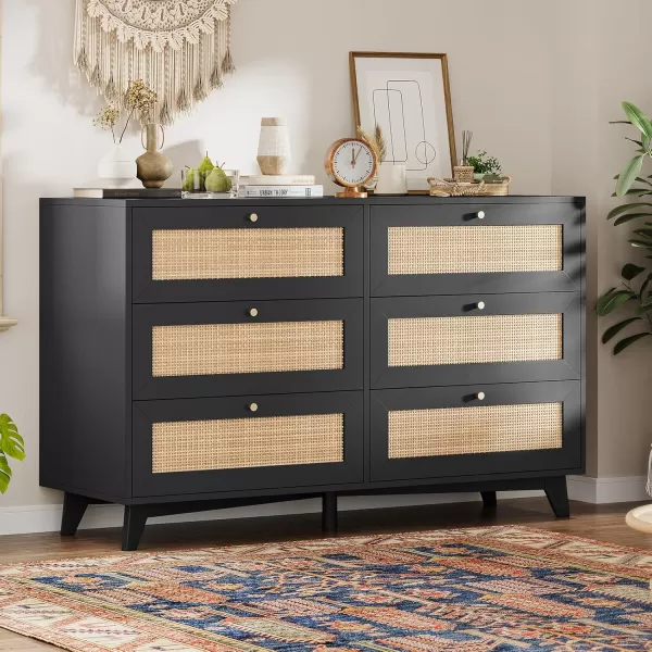 VIAGDO Black Rattan Dresser for Bedroom 6 Drawer Dresser with Natural Rattan Drawers Wooden Wide Dresser with Gold Handles Modern Closet Dressers Chest of Drawers for Nursery Entryway Living RoomBlack