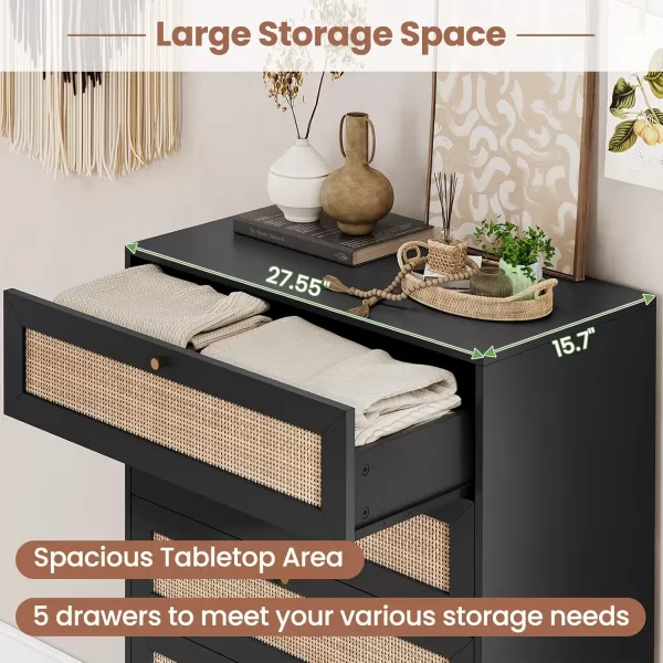 VIAGDO Black Rattan Dresser for Bedroom 6 Drawer Dresser with Natural Rattan Drawers Wooden Wide Dresser with Gold Handles Modern Closet Dressers Chest of Drawers for Nursery Entryway Living RoomBlack