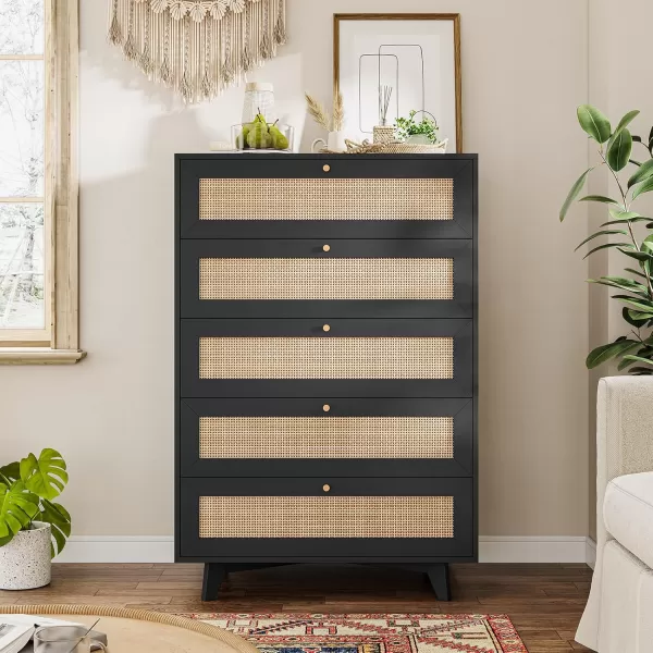 VIAGDO Black Rattan Dresser for Bedroom 6 Drawer Dresser with Natural Rattan Drawers Wooden Wide Dresser with Gold Handles Modern Closet Dressers Chest of Drawers for Nursery Entryway Living RoomBlack