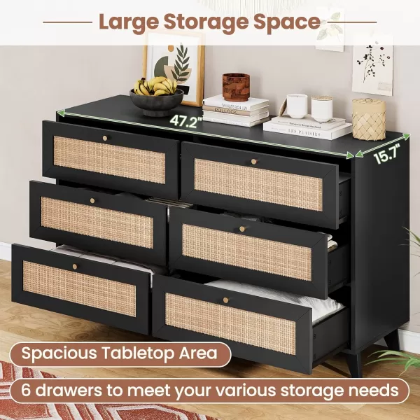 VIAGDO Black Rattan Dresser for Bedroom 6 Drawer Dresser with Natural Rattan Drawers Wooden Wide Dresser with Gold Handles Modern Closet Dressers Chest of Drawers for Nursery Entryway Living RoomBlack