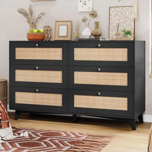 VIAGDO Black Rattan Dresser for Bedroom 6 Drawer Dresser with Natural Rattan Drawers Wooden Wide Dresser with Gold Handles Modern Closet Dressers Chest of Drawers for Nursery Entryway Living RoomBlack