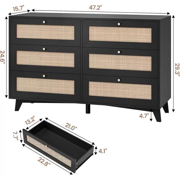 VIAGDO Black Rattan Dresser for Bedroom 6 Drawer Dresser with Natural Rattan Drawers Wooden Wide Dresser with Gold Handles Modern Closet Dressers Chest of Drawers for Nursery Entryway Living RoomBlack
