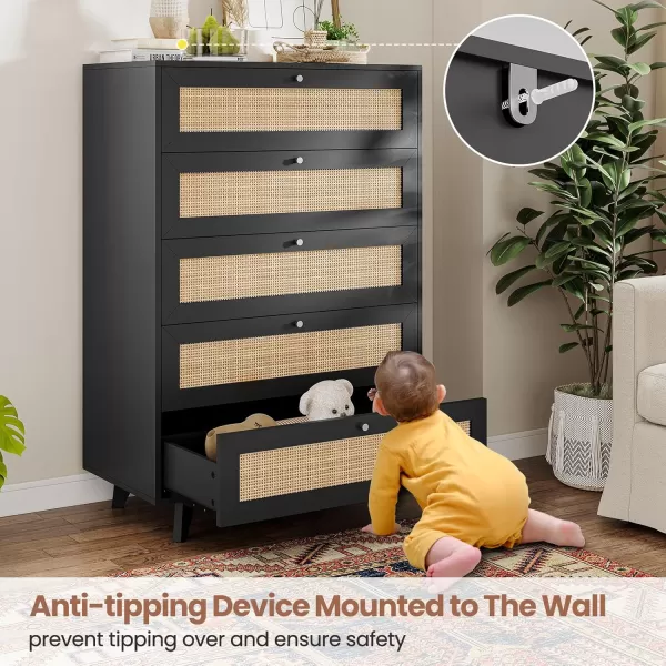 VIAGDO Black Rattan Dresser for Bedroom 6 Drawer Dresser with Natural Rattan Drawers Wooden Wide Dresser with Gold Handles Modern Closet Dressers Chest of Drawers for Nursery Entryway Living RoomBlack