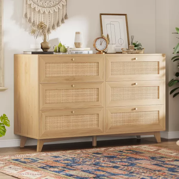 VIAGDO Black Rattan Dresser for Bedroom 6 Drawer Dresser with Natural Rattan Drawers Wooden Wide Dresser with Gold Handles Modern Closet Dressers Chest of Drawers for Nursery Entryway Living RoomNatural