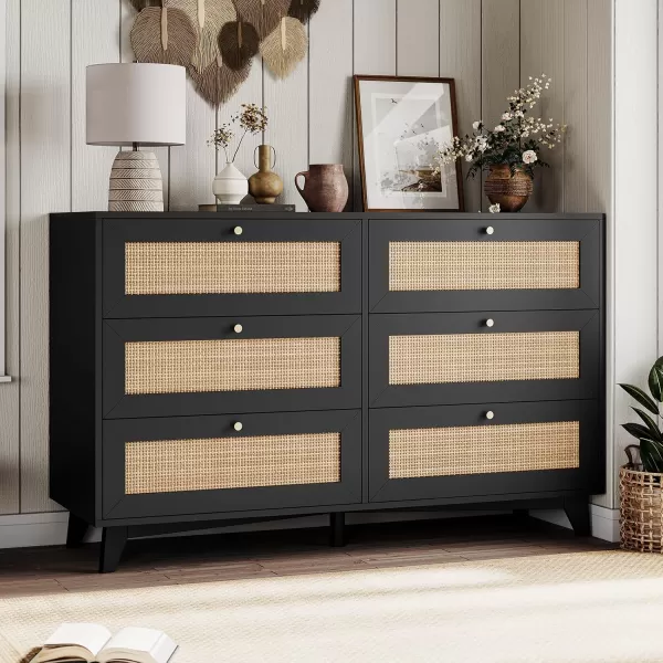 VIAGDO Black Rattan Dresser for Bedroom 6 Drawer Dresser with Natural Rattan Drawers Wooden Wide Dresser with Gold Handles Modern Closet Dressers Chest of Drawers for Nursery Entryway Living RoomBlack