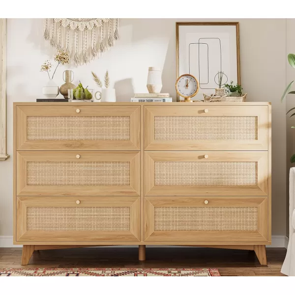 VIAGDO Black Rattan Dresser for Bedroom 6 Drawer Dresser with Natural Rattan Drawers Wooden Wide Dresser with Gold Handles Modern Closet Dressers Chest of Drawers for Nursery Entryway Living RoomNatural