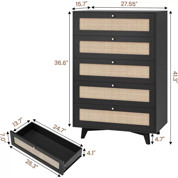 VIAGDO Black Rattan Dresser for Bedroom 6 Drawer Dresser with Natural Rattan Drawers Wooden Wide Dresser with Gold Handles Modern Closet Dressers Chest of Drawers for Nursery Entryway Living RoomBlack