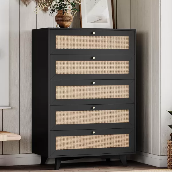 VIAGDO Black Rattan Dresser for Bedroom 6 Drawer Dresser with Natural Rattan Drawers Wooden Wide Dresser with Gold Handles Modern Closet Dressers Chest of Drawers for Nursery Entryway Living RoomBlack