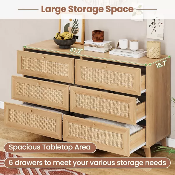 VIAGDO Black Rattan Dresser for Bedroom 6 Drawer Dresser with Natural Rattan Drawers Wooden Wide Dresser with Gold Handles Modern Closet Dressers Chest of Drawers for Nursery Entryway Living RoomNatural