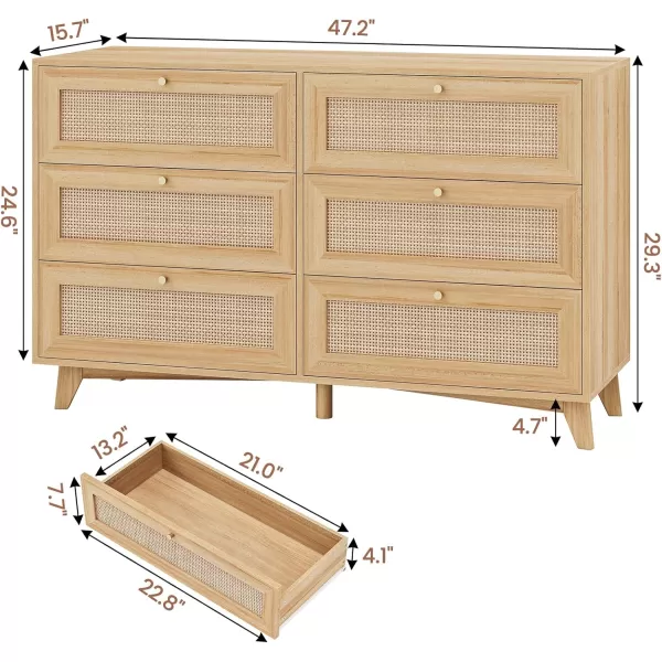 VIAGDO Black Rattan Dresser for Bedroom 6 Drawer Dresser with Natural Rattan Drawers Wooden Wide Dresser with Gold Handles Modern Closet Dressers Chest of Drawers for Nursery Entryway Living RoomNatural