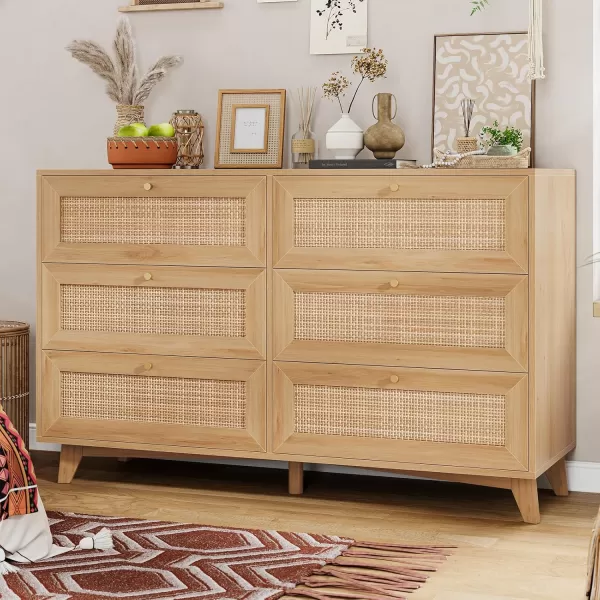 VIAGDO Black Rattan Dresser for Bedroom 6 Drawer Dresser with Natural Rattan Drawers Wooden Wide Dresser with Gold Handles Modern Closet Dressers Chest of Drawers for Nursery Entryway Living RoomNatural