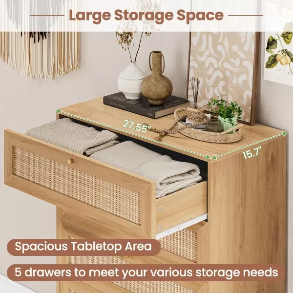 VIAGDO Black Rattan Dresser for Bedroom 6 Drawer Dresser with Natural Rattan Drawers Wooden Wide Dresser with Gold Handles Modern Closet Dressers Chest of Drawers for Nursery Entryway Living RoomNatural