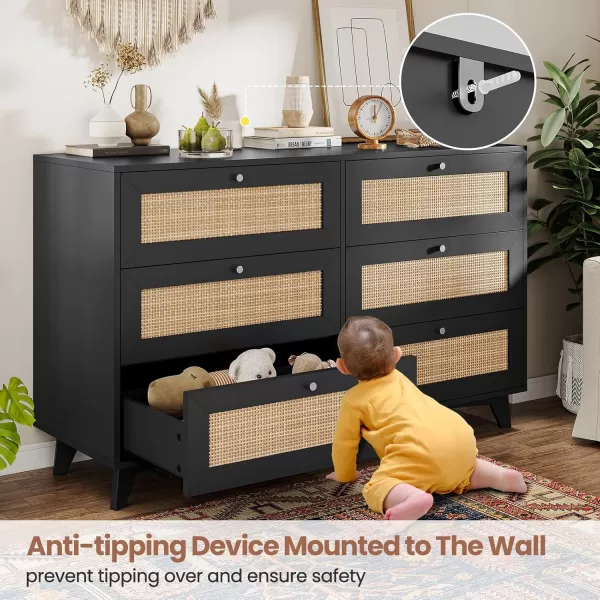 VIAGDO Black Rattan Dresser for Bedroom 6 Drawer Dresser with Natural Rattan Drawers Wooden Wide Dresser with Gold Handles Modern Closet Dressers Chest of Drawers for Nursery Entryway Living RoomBlack
