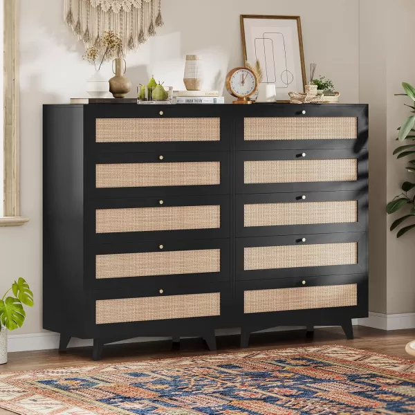 VIAGDO Black Rattan Dresser for Bedroom 6 Drawer Dresser with Natural Rattan Drawers Wooden Wide Dresser with Gold Handles Modern Closet Dressers Chest of Drawers for Nursery Entryway Living RoomBlack